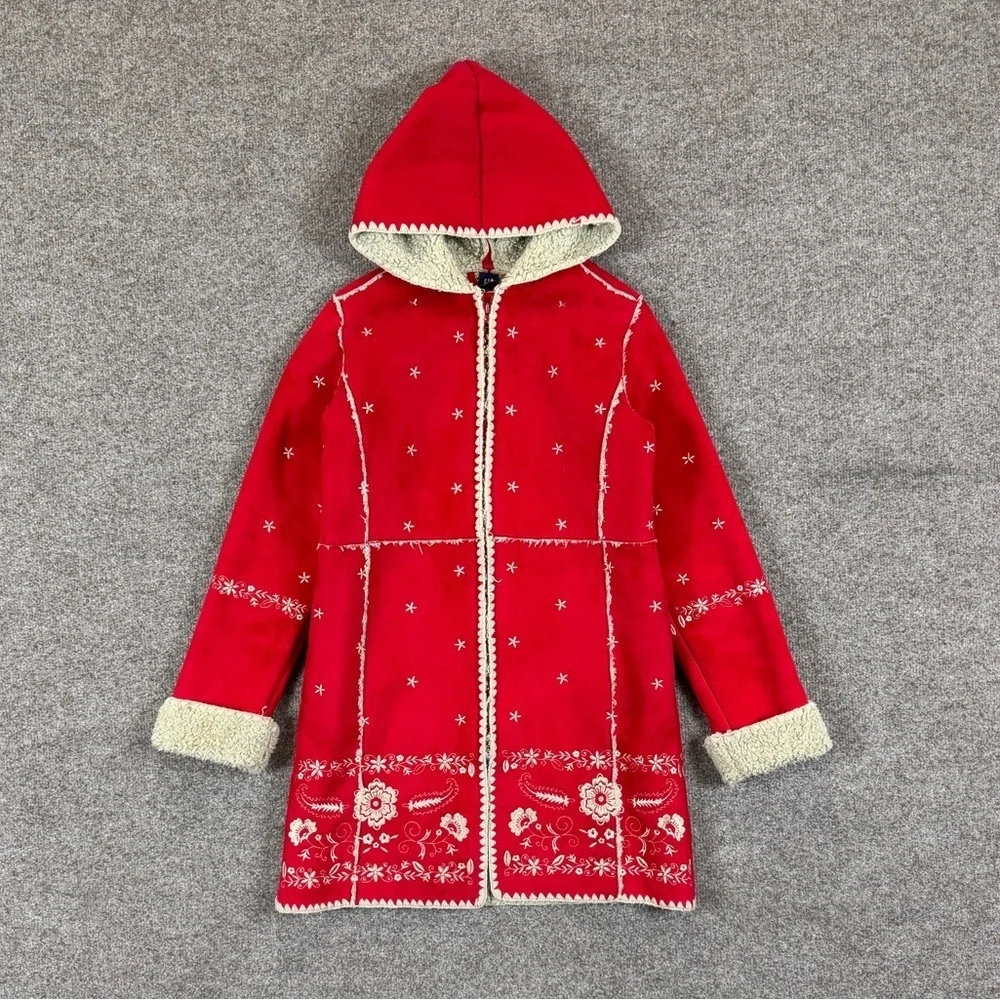 VTG Gap Kids Girl’s XL Red Faux Suede Shearling Nordic Embroidered Hooded Jacket